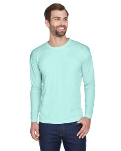 UltraClub 8422 Men’s Cool & Dry Sport Long Sleeve Performance Interlock T-Shirt – Sea Frost (on model side)