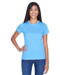 UltraClub 8420L Women’s Cool & Dry Sport Performance Interlock T-shirt – Columbia Blue (on model)