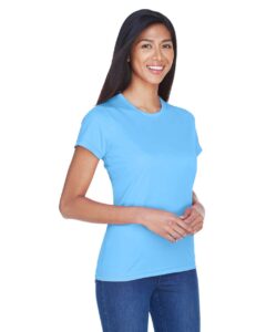 UltraClub 8420L Women’s Cool & Dry Sport Performance Interlock T-shirt – Columbia Blue (on model side)