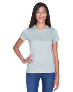 UltraClub 8420L Women’s Cool & Dry Sport Performance Interlock T-shirt – Grey (on model)