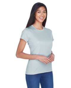 UltraClub 8420L Women’s Cool & Dry Sport Performance Interlock T-shirt – Grey (on model side)