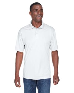 UltraClub 8425 Men’s Cool & Dry Sport Performance Interlock Polo – White (on model)