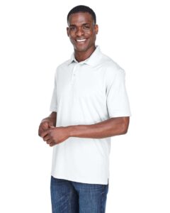 UltraClub 8425 Men’s Cool & Dry Sport Performance Interlock Polo – White (on model side)