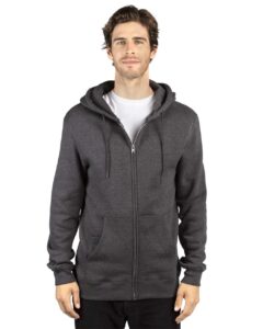 Threadfast Apparel 320Z Unisex Fleece Full-Zip Hooded Sweatshirt – Charcoal Heather (on model)