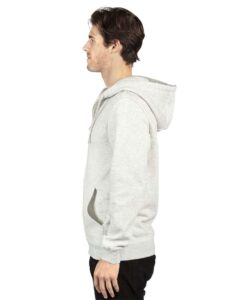 Threadfast Apparel 320Z Unisex Fleece Full-Zip Hooded Sweatshirt – Oatmeal Heather (on model side)