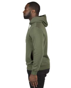 Threadfast Apparel 320H Unisex Ultimate Fleece Pullover Hooded Sweatshirt – Army (on model side)