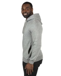 Threadfast Apparel 320H Unisex Ultimate Fleece Pullover Hooded Sweatshirt – Heather Grey (on model side)