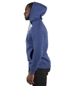 Threadfast Apparel 320H Unisex Ultimate Fleece Pullover Hooded Sweatshirt – Navy (on model side)