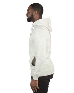 Threadfast Apparel 320H Unisex Ultimate Fleece Pullover Hooded Sweatshirt – Oatmeal Heather (on model side)