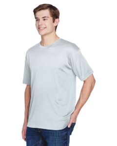 UltraClub 8620 Men’s Cool & Dry Basic Performance T-Shirt – Grey (on model side)