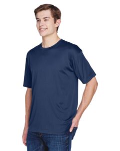 UltraClub 8620 Men’s Cool & Dry Basic Performance T-Shirt – Navy (on model side)