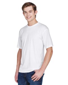 UltraClub 8620 Men’s Cool & Dry Basic Performance T-Shirt – White (on model)