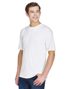 UltraClub 8620 Men’s Cool & Dry Basic Performance T-Shirt – White (on model side)
