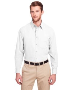 UltraClub UC500 Men’s Bradley Performance Woven Shirt – White (on model)