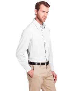 UltraClub UC500 Men’s Bradley Performance Woven Shirt – White (on model side)