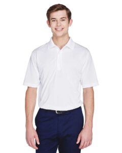 UltraClub 8610 Men’s Cool & Dry 8-Star Elite Performance Interlock Polo – White (on model)