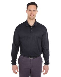 UltraClub 8210LS Men’s Cool & Dry Long Sleeve Mesh Piqué Polo – Black (on model)