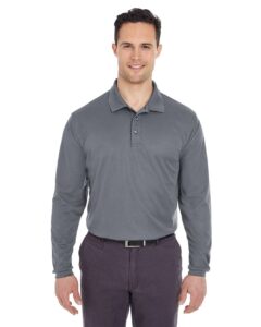 UltraClub 8210LS Men’s Cool & Dry Long Sleeve Mesh Piqué Polo – Charcoal (on model)