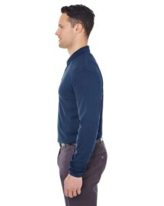 UltraClub 8210LS Men’s Cool & Dry Long Sleeve Mesh Piqué Polo – Navy (on model side)