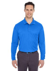 UltraClub 8210LS Men’s Cool & Dry Long Sleeve Mesh Piqué Polo – Royal (on model)