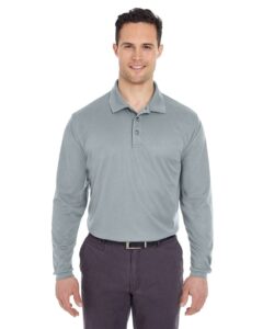 UltraClub 8210LS Men’s Cool & Dry Long Sleeve Mesh Piqué Polo – Silver (on model)