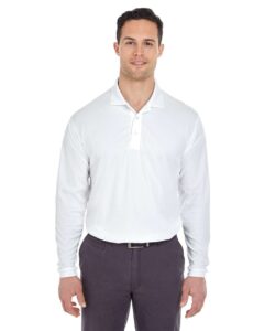 UltraClub 8210LS Men’s Cool & Dry Long Sleeve Mesh Piqué Polo – White (on model)