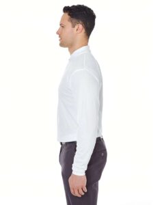 UltraClub 8210LS Men’s Cool & Dry Long Sleeve Mesh Piqué Polo – White (on model side)