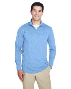 UltraClub 8618 Men’s Cool & Dry Heathered Performance Quarter-Zip Pullover – Columbia Blue Heather (on model)