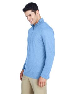 UltraClub 8618 Men’s Cool & Dry Heathered Performance Quarter-Zip Pullover – Columbia Blue Heather (on model side)
