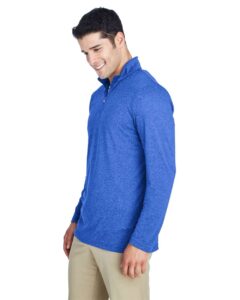 UltraClub 8618 Men’s Cool & Dry Heathered Performance Quarter-Zip Pullover – Royal Heather (on model side)