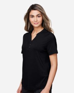 North End NE100W Women’s JAQ Snap-Up Stretch Performance Polo – Black (on model side)