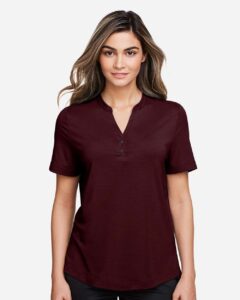 North End NE100W Women’s JAQ Snap-Up Stretch Performance Polo – Burgundy (on model)