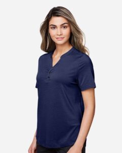 North End NE100W Women’s JAQ Snap-Up Stretch Performance Polo – Classic Navy (on model side)
