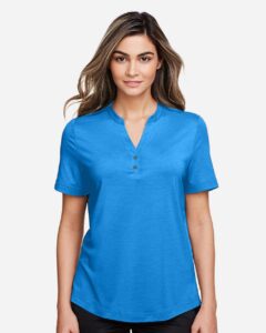 North End NE100W Women’s JAQ Snap-Up Stretch Performance Polo – Light Nautical Blue (on model)