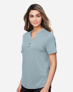 North End NE100W Women’s JAQ Snap-Up Stretch Performance Polo – Opal Blue (on model side)