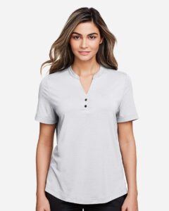 North End NE100W Women’s JAQ Snap-Up Stretch Performance Polo – Platinum (on model)