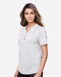 North End NE100W Women’s JAQ Snap-Up Stretch Performance Polo – Platinum (on model side)