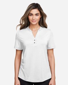 North End NE100W Women’s JAQ Snap-Up Stretch Performance Polo – White (on model)