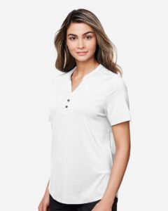 North End NE100W Women’s JAQ Snap-Up Stretch Performance Polo – White (on model side)