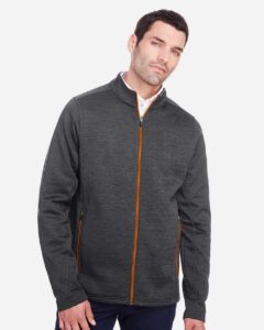 North End NE712 Men’s Flux 2.0 Full-Zip Jacket – Black Heather/ Orange Soda (on model)