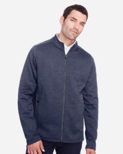 North End NE712 Men’s Flux 2.0 Full-Zip Jacket – Classic Navy Heather/ Carbon (on model)