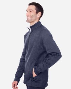 North End NE712 Men’s Flux 2.0 Full-Zip Jacket – Classic Navy Heather/ Carbon (on model side)