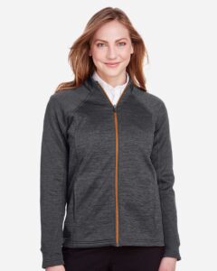 North End NE712W Women’s Flux 2.0 Full-Zip Jacket – Black Heather/ Orange Soda (on model)