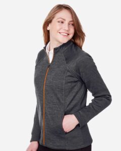 North End NE712W Women’s Flux 2.0 Full-Zip Jacket – Black Heather/ Orange Soda (on model side)