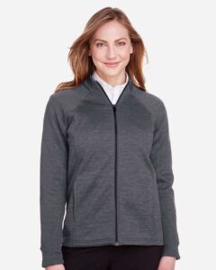 North End NE712W Women’s Flux 2.0 Full-Zip Jacket – Carbon Heather/ Black (on model)