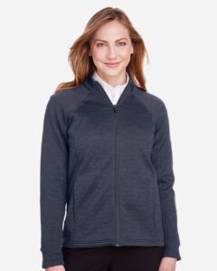 North End NE712W Women’s Flux 2.0 Full-Zip Jacket – Classic Navy Heather/ Carbon (on model)