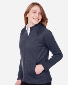 North End NE712W Women’s Flux 2.0 Full-Zip Jacket – Classic Navy Heather/ Carbon (on model side)