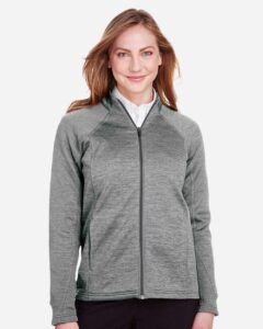 North End NE712W Women’s Flux 2.0 Full-Zip Jacket – Light Heather/ Carbon (on model)