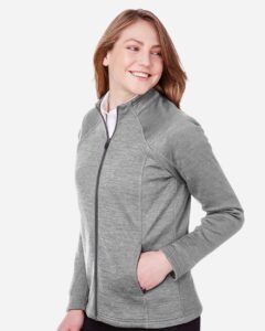 North End NE712W Women’s Flux 2.0 Full-Zip Jacket – Light Heather/ Carbon (on model side)