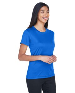 UltraClub 8620L Women’s Cool and Dry Performance T-Shirt – Royal (on model side)